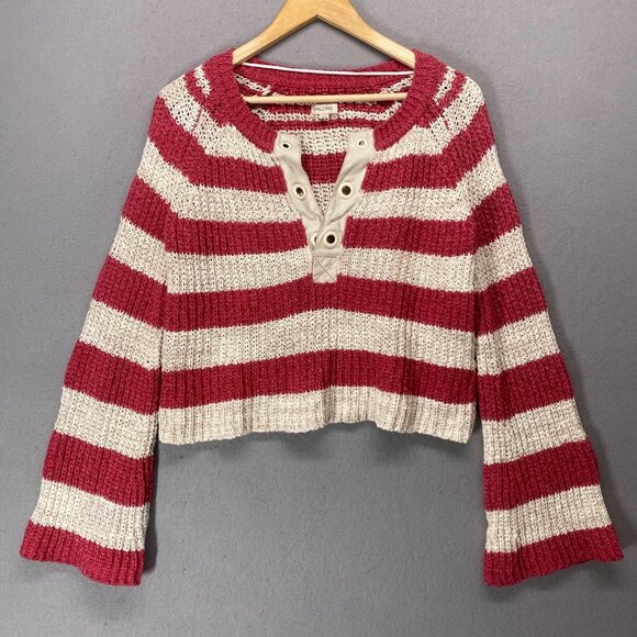Anthropologie Pilcro Sweater Womens Small Cropped Bell Sleeve Henley - Picture 1 of 9